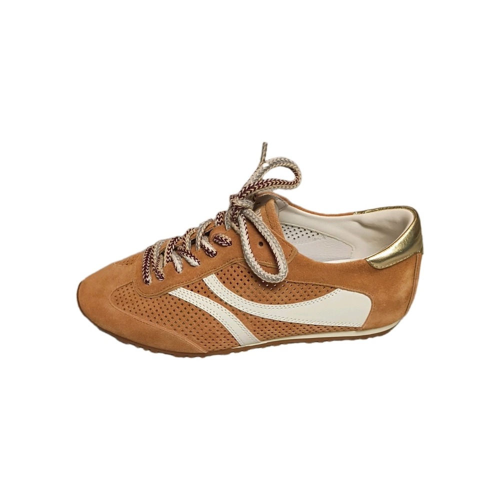 Anthropologie Bibi Lou Mizar Suede Leather Sneaker Camel Brown Size 8 EU 38